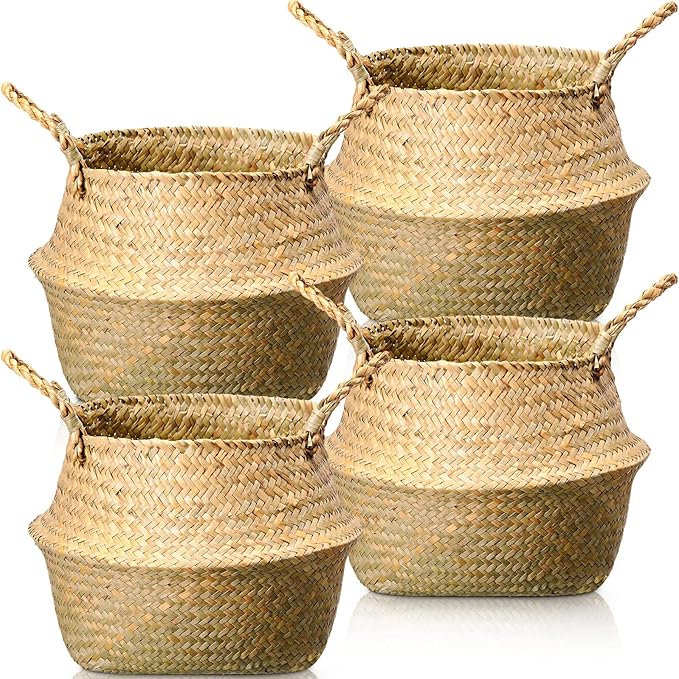 Qunclay 4 Pcs Woven Seagrass Baskets Belly Basket Folding Boho Natural Plant Pot with Handles Round Decorative Wicker Large Indoor Planter for Home Outdoor Tree Planters Decor (9 x 11 Inch)