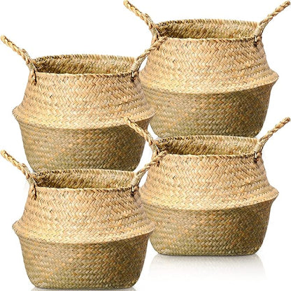 Qunclay 4 Pcs Woven Seagrass Baskets Belly Basket Folding Boho Natural Plant Pot with Handles Round Decorative Wicker Large Indoor Planter for Home Outdoor Tree Planters Decor (9 x 11 Inch)