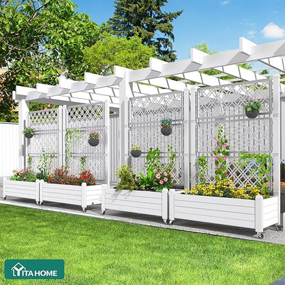 YITAHOME 43.3x17.7x61 in Planter Trellis Box with Wheels & Drain Plug, Outdoor Resin Raised Garden Bed for Climbing Plants, Large Weather-Resistant Design, Grayish-White
