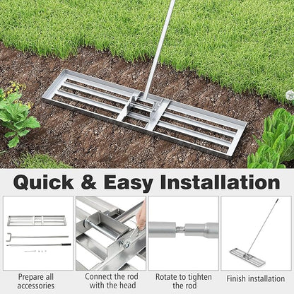 42" x 10" Lawn Leveling Rake, Heavy Duty Landscape Rake with 67" Handle, Non-Slip Grip & Flat Head, Space-Saving Lawn Level Tool for Garden, Backyard, Golf Course & Sports Field(Silver)