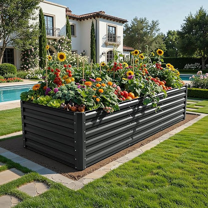 YITAHOME 6pcs 8x4x2 ft Galvanized Raised Garden Bed Kit, Large Metal Planter Box with Gloves, Safety Rubber & Support Rod, Outdoor Flower Bed for Plants Vegetables, Black