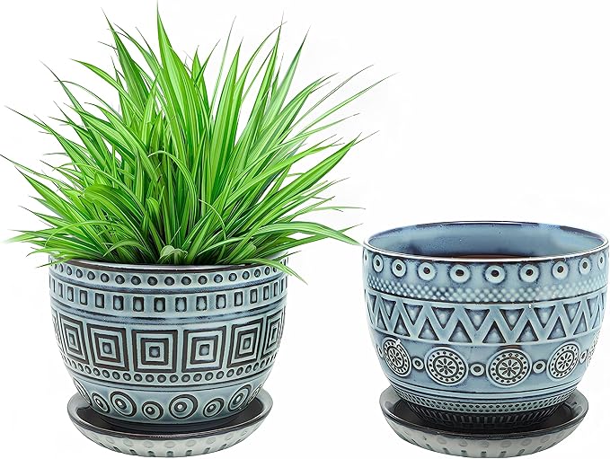 Ceramic Plant Pots. Flower Pots for Plants. Planter Pots with Drainage Holes and Saucers for Indoor Plants. 5.5 inches Wide, 4.3 inches Deep. Set of 2.