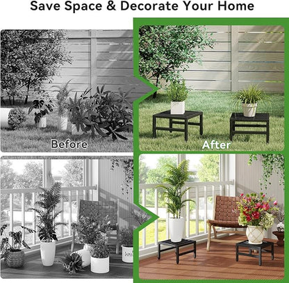 IBUYKE 2 Pack Metal Plant Stand Indoor Outdoor, Heavy Duty Small Flower Pot Stand, Modern Square Plant Shelf Flower Stand for Living Room Patio Balcony Garden, Black TMJ075B-2