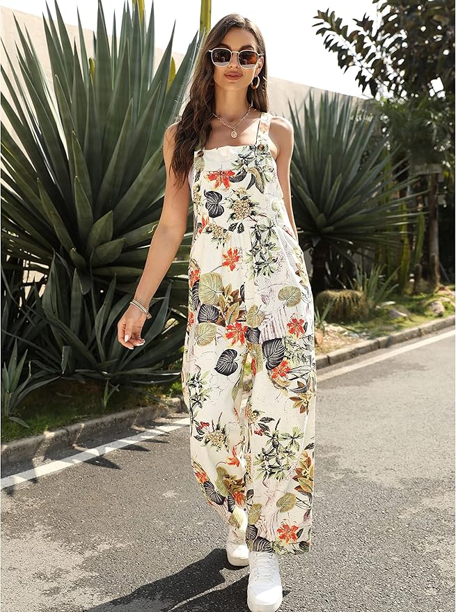 Fiona Jolin Overalls Women Summer Boho Floral Loose Wide Leg Jumpsuits with Pockets Patchwork Bib Overalls