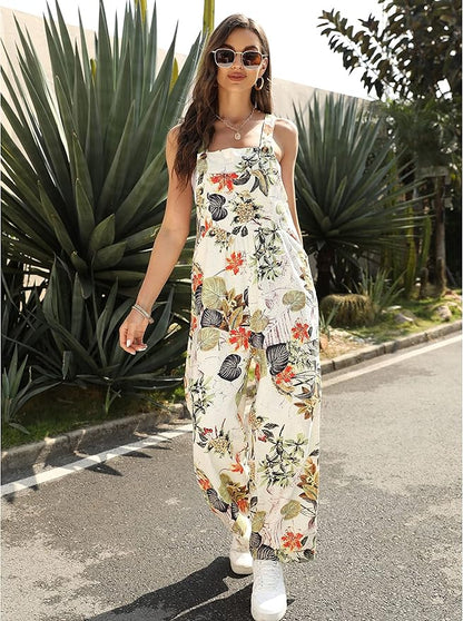 Fiona Jolin Overalls Women Summer Boho Floral Loose Wide Leg Jumpsuits with Pockets Patchwork Bib Overalls