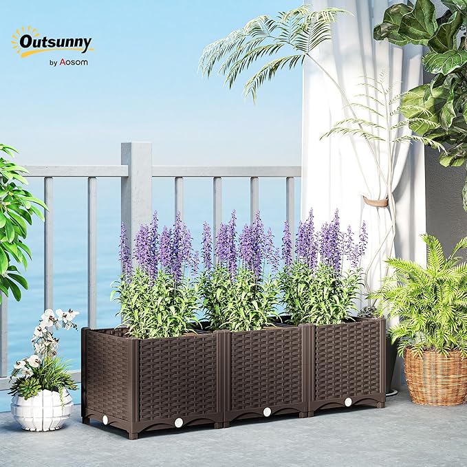 Outsunny 4 x 1 x 1 ft Raised Garden Bed, Indoor Outdoor Plastic Planter Box with Drainage Holes, Drain Plugs and Water Reservoirs for Vegetables, Herbs, Flowers & Succulents, Brown