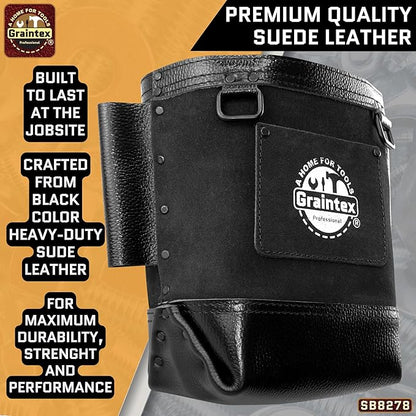 Graintex Nut & Bolt Bag, Black Color Premium Quality Suede Leather Tool Bag, Tool Belt Ironworker, Bull Pin Loops, Ideal for Heavy-Duty Use, Bolt Bags for Construction Professionals - SB8278