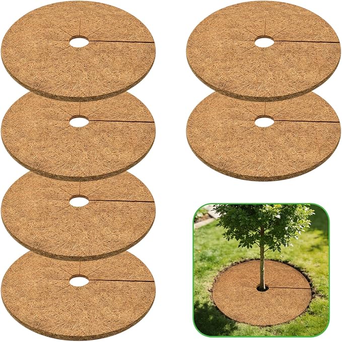 ZeeDix 6 Pack Coconut Fiber Mulch Ring, 24 Inch Coco Coir Tree Ring Mulch Mat, 100% Natural Tree Protector Mat Plant Cover Ring Coconut Coir Discs Tree Mats Mulch Rings for Indoor Outdoor Trees Plants