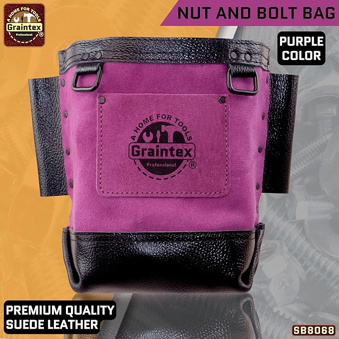 Graintex Nut & Bolt Bag, Purple Color Premium Quality Suede Leather Tool Bag, Tool Belt for Ironworker, Bull Pin Loops, Ideal for Heavy-Duty Use, Bolt Bags for Construction Professionals - SB8068