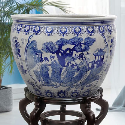 Red Lantern Large 20" Ladies Blue & White Porcelain Fishbowl Planter or Cachepot for Indoor/Outdoor Use in Garden Entryway Living Room Boho Eclectic Modern Contemporary Classic Traditional Style Decor
