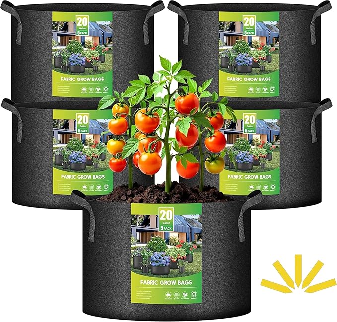 iPower 5-Pack 20 Gallon Plant Grow Bags Thickened Nonwoven Aeration Fabric Pots Heavy Duty Durable Container, Strap Handles for Garden with 5 Labels, Black New