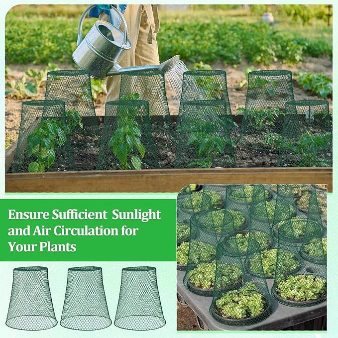 Therwen 15 Pcs Large Chicken Wire Cloche Plant Protector Cover 11x12 Inch Metal Garden Cloche Dome for Plants Wire Protection Basket with Garden Stakes Plant Cages from Animals (Green)