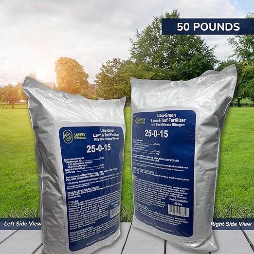 Supply Solutions 25-0-15 Ultra Green Lawn and Turf Fertilizer - 16% Slow Release Nitrogen - Promotes Lush, Green Lawns and Strong Root Growth, Reduces Mowing Frequency (50 Pounds)