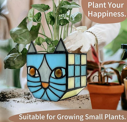 Stained Glass Blue Cat Planter,Plant pots with Drainage Holes, Plant Flower Pot for Houseplants and Succulents,Cute Blue Cat Plant Lover Gift 4.6x3x5.15 in