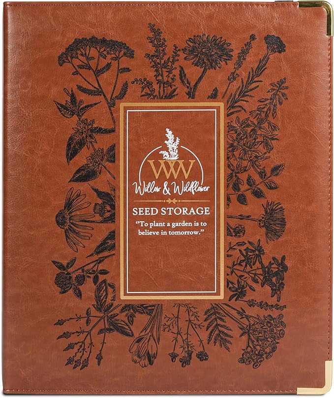 Willow and Wildflower Garden Seed Organizer Binder, Seed Storage Organizer, Garden Binder Book for Packet Storage Catalog Can Store 120 Packets with Dibber and Widger (Classic Brown)