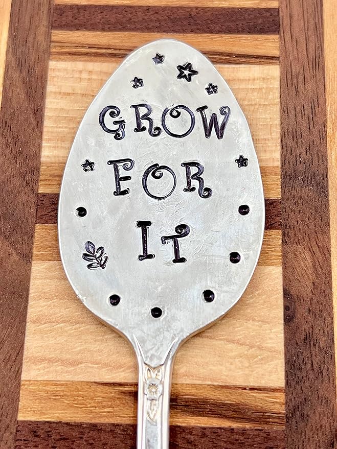 Garden Marker, Plant Stake GROW FOR IT, silver plate recycled stamped Spoon, Stick in your Flower pots Herbs or Plants