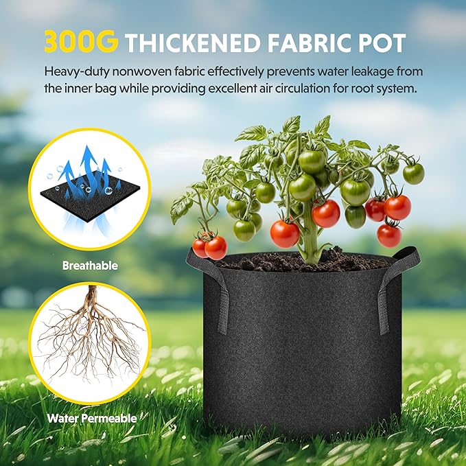 iPower Plant Grow Bag 10 Gallon 6-Pack Heavy Duty Fabric Pots, 300g Thick Nonwoven Fabric Containers Aeration with Nylon Handles, for Planting Vegetables, Fruits, Flowers, Black 2024 Version
