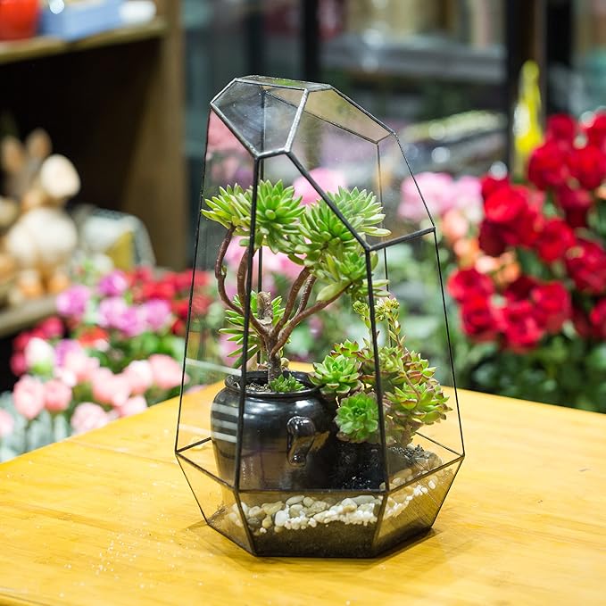 NCYP Large Geometric Terrarium - 16 Inches Tall Irregular Open Glass Terrarium Pot - Home Garden Tabletop Decoration Planter for Air Plants Succulents, Handmade (NO Plants, No Door)