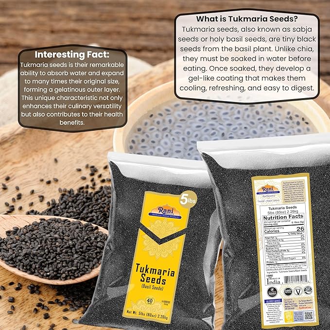 Rani Tukmaria (Holy Basil Seeds) 80oz (5lbs) 2.27kg Used for Falooda / Sabja Dessert, Spice & Ayurveda Herbal ~ All Natural | Gluten Friendly | NON-GMO | Kosher | Vegan | Indian Origin