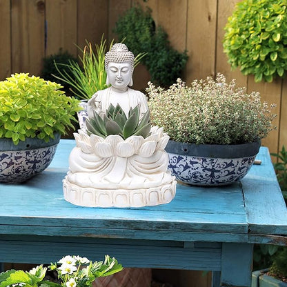 Buddha Planter – 9.5" Tall Polyresin - Zen Plant Pot Holder for Succulent, Flower, Cactus - Garden Lotus Statue Indoor or Outdoor Decor
