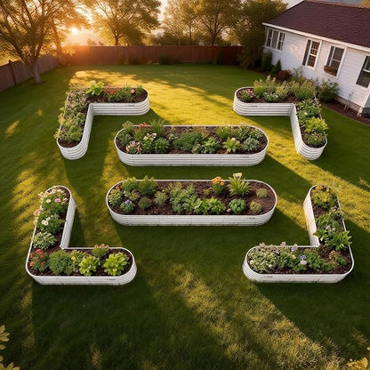 A ANLEOLIFE 6-Piece 18 Inch Tall Antique White Raised Garden Beds Kit, Heart-Shaped & Long Oval Planters for Custom Decorative Gardens.