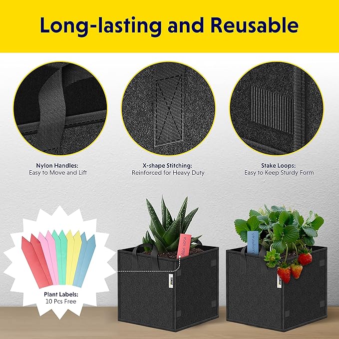 iPower 5 Pack 7 Gallon Square Grow Bags Thick Fabric Planting Pots with Handles for Indoor and Outdoor Garden, Black