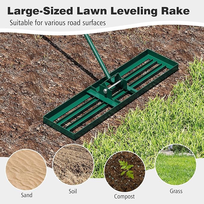 36" x 10" Lawn Leveling Rake, Heavy Duty Landscape Rake with 67" Handle, Non-Slip Grip & Flat Head, Space-Saving Lawn Level Tool for Garden, Backyard, Golf Course & Sports Field(Green)