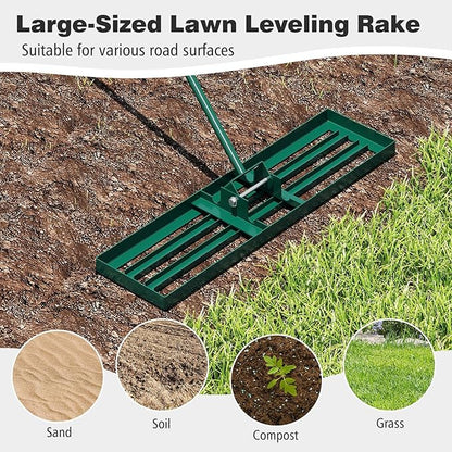 36" x 10" Lawn Leveling Rake, Heavy Duty Landscape Rake with 67" Handle, Non-Slip Grip & Flat Head, Space-Saving Lawn Level Tool for Garden, Backyard, Golf Course & Sports Field(Green)