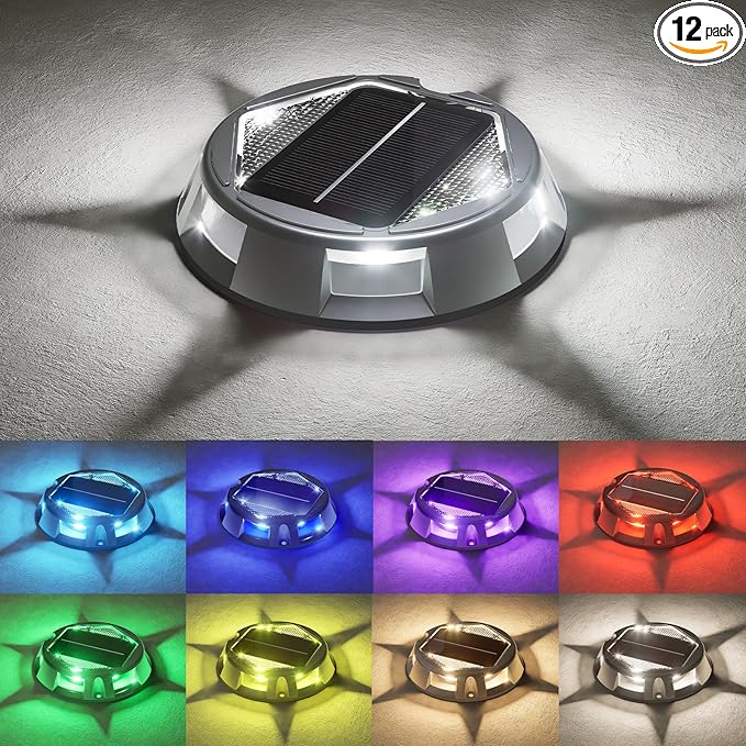 VOLISUN Solar Driveway Dock Deck Markers Marine Lights 12 Pack,9 Colors in 1 Led IP67 Waterproof Outdoor Warning Step Lights for Driveway Sidewalk Walkway Pathway RGB