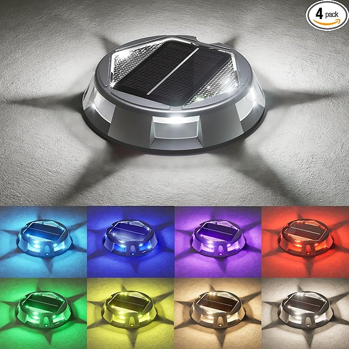 VOLISUN Solar Driveway Dock Deck Markers Marine Lights 4 Pack,9 Colors in 1 Led IP67 Waterproof Outdoor Warning Step Lights for Driveway Sidewalk Walkway Pathway RGB