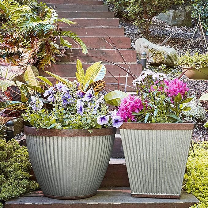 Southern Patio HDR 046851 16 inches Square Rustic Plastic, Indoor, Outdoor Garden Planter, Urn Pot for Flowers, Herbs, Galvanized