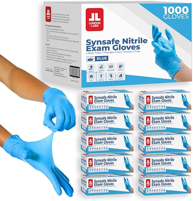 Synsafe 4 Mil - Blue Nitrile Exam Gloves –Disposable Latex Free & Powder Free – Extra Strong, Rubber Gloves