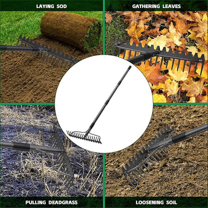 77'' Bow Rake ，17 Tines Metal Head Rakes with Stainless Steel Handle，Heavy Duty Garden Rake for Loosening Soil Gathering Leaf Leveling Lawn Farming Land Management Yarn Thatch Rake