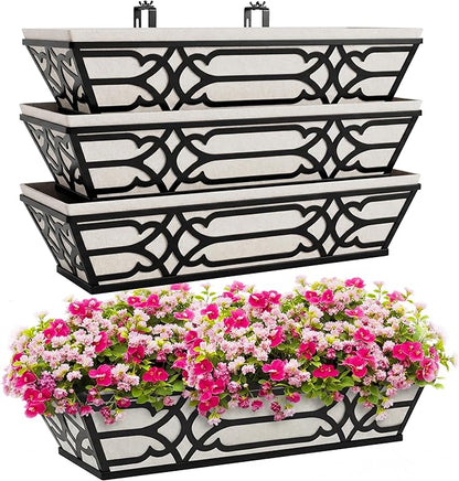 4 Pack 24 Inch Railing Boxes Planter for Outdoor Plants Adjustable Brackets for Porch Fence and Balcony Window Planter Box with Non-Woven Fabric Liner for Hanging Flower Baskets