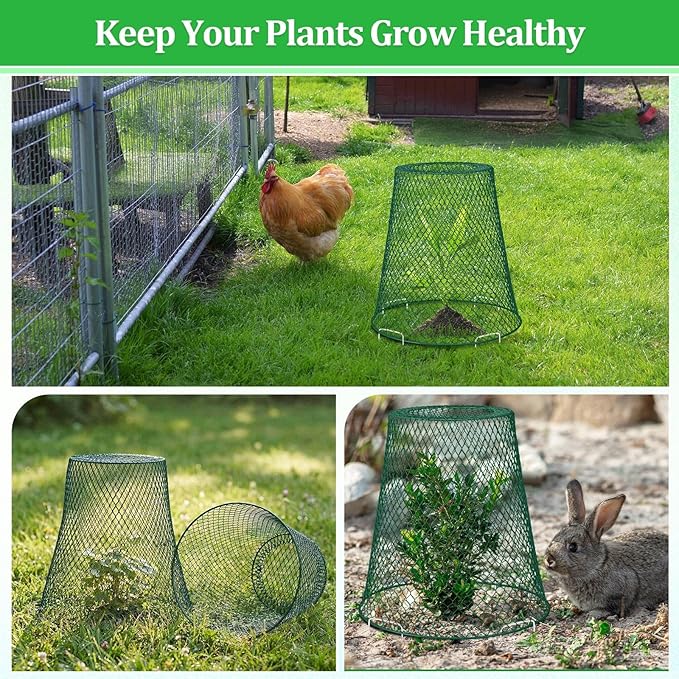 Therwen 15 Pcs Large Chicken Wire Cloche Plant Protector Cover 11x12 Inch Metal Garden Cloche Dome for Plants Wire Protection Basket with Garden Stakes Plant Cages from Animals (Green)