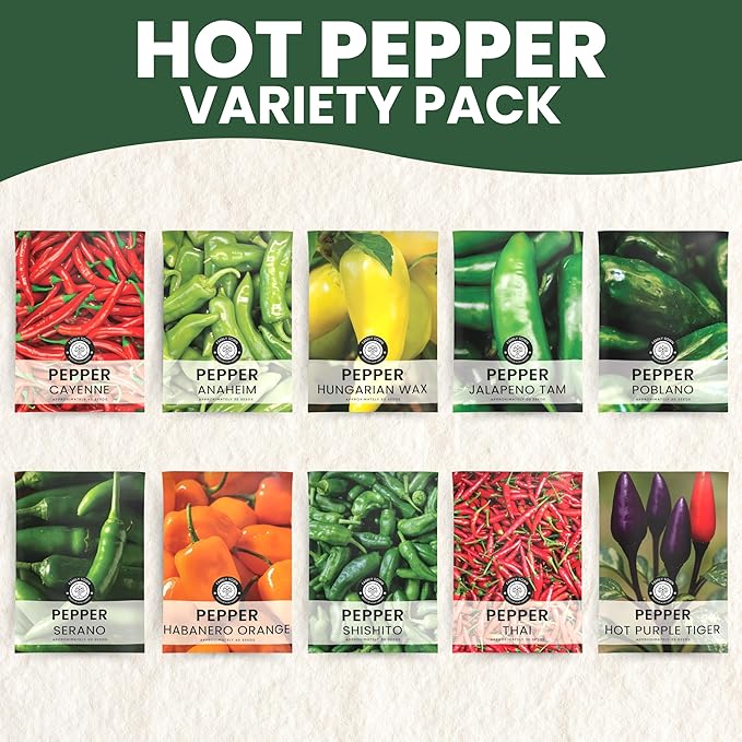 Hot Pepper Seeds | 10 Individual Packs | 2026 Season | Non-GMO | Cayenne, Habanero, Thai Pepper, Poblano & More! | for Planting Indoor & Outdoor | by Family Sown