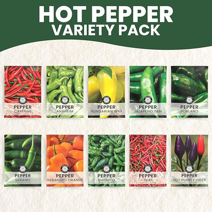 Hot Pepper Seeds | 10 Individual Packs | 2026 Season | Non-GMO | Cayenne, Habanero, Thai Pepper, Poblano & More! | for Planting Indoor & Outdoor | by Family Sown