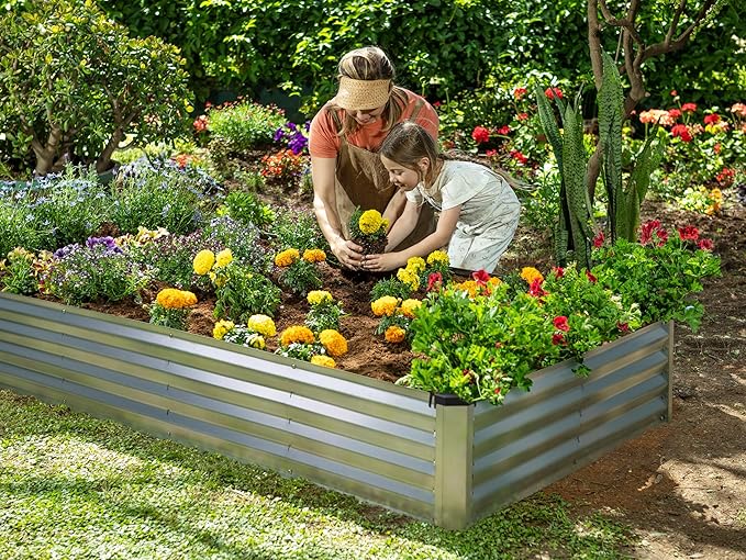 Plant & Plot Galvanized Raised Garden Beds Outdoor // 8×4×1 ft Planter Raised Beds for Gardening, Vegetables, Flowers (Silver) // Large Metal Garden Box // Patented Tool-Free Design