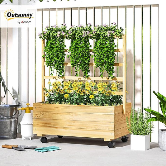 Outsunny Raised Garden Bed with Trellis and Wheels, Outdoor Wooden Elevated Planter Box, Freestanding Raised Flower Bed for Climbing Plants, Flowers, Herbs and Vegetables, Natural