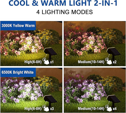 Solar Lights Outdoor Waterproof IP65, Super Bright LED, 2CCT 4 Lighting Modes 3000K/6500K Selectable, Solar Powered Yard Garden Solar Spot Lights for Outside Landscape Auto On/Off -8 Pack