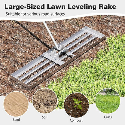 42" x 10" Lawn Leveling Rake, Heavy Duty Landscape Rake with 67" Handle, Non-Slip Grip & Flat Head, Space-Saving Lawn Level Tool for Garden, Backyard, Golf Course & Sports Field(Silver)