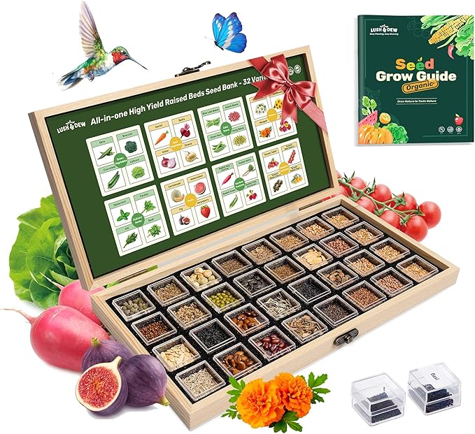 Lush&Dew Raised Garden Bed Heirloom Seed Bank, 32 Varieties 30,000+ Non-GMO Seeds for Planting Vegetables Herbs Fruits Year-Round, Gardening Gifts for Women Men, Survival Seed Kit for Food Suppies