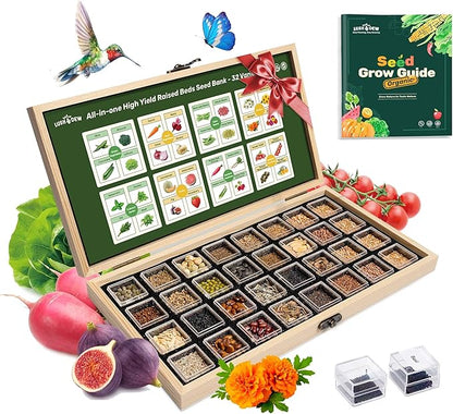 Lush&Dew Raised Garden Bed Heirloom Seed Bank, 32 Varieties 30,000+ Non-GMO Seeds for Planting Vegetables Herbs Fruits Year-Round, Gardening Gifts for Women Men, Survival Seed Kit for Food Suppies