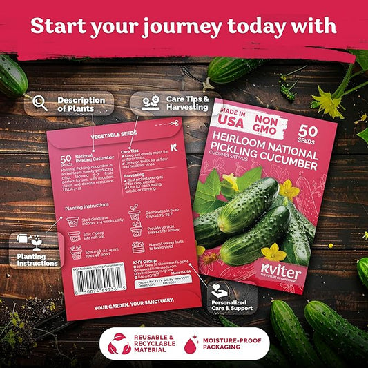 KVITER 50 National Pickling Cucumber Seeds for Planting (Cucumis sativus) - Heirloom Pickling Cucumbers Seed Packets, Non GMO Cucumber Organic - Vegetable Seeds for Home Garden & Containers