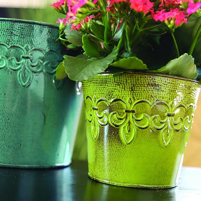 Robert Allen MPT01891 Fluer De Lis Series Metal Planter Flower Pot, 6", Color Tansy Green