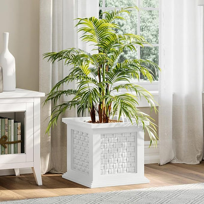 Rattan Style Outdoor Planter Box - 14.65-Inch-Square Decorative Flower or Plant Pot - Garden, Patio and Front Porch Decor by Pure Garden (White)