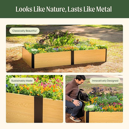 Vego garden Woodgrain Series Raised Garden Bed, 16'' Tall 4' x 4' Wooden-Look Metal Planter Box Outdoor for Gardening Vegetables Flowers Herbs