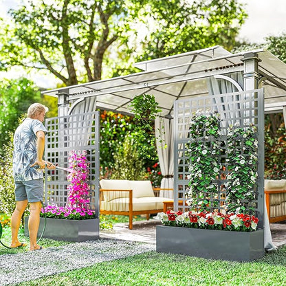 Outsunny Galvanized Raised Garden Bed with Trellis, Metal Planter Box with Drainage Holes, Outdoor Privacy Screen for Climbing Plants, Vegetable, Vines, 43" x 16" x 70", 2 Pack, Gray Wood Effect