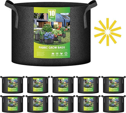 iPower 10-Pack 10 Gallon Plant Bags Heavy Duty Thickened Nonwoven Fabric Potato Growing Pot, Aeration Durable Container with Reinforced Strap Handles, Black