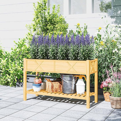 Outsunny Raised Garden Bed, Elevated Wood Planter Box with Storage Shelf, Drainage Holes, and Liner for Backyard, Patio, Balcony, 47 x 22 x 31.5 in, Natural